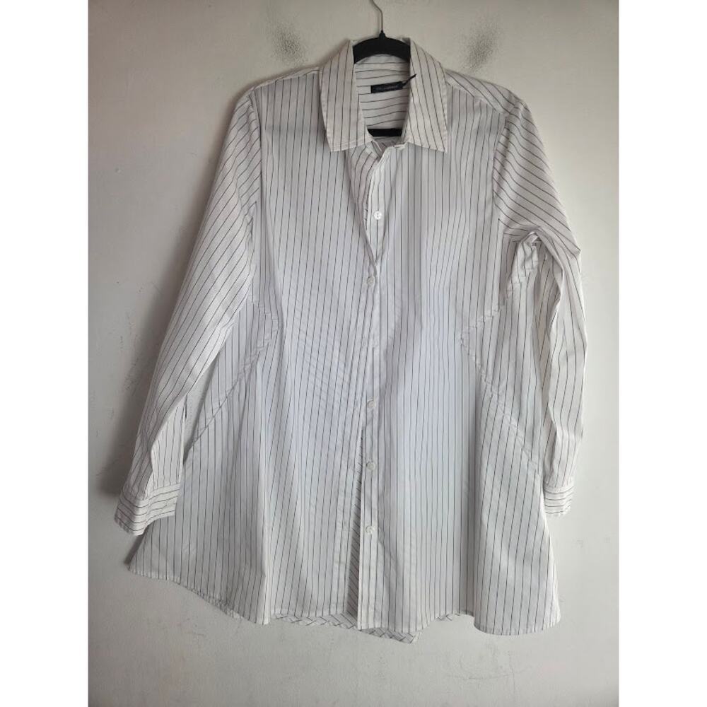 Stella Carakasi "Center Stage" White Black Striped Tunic Button Up Blouse Large